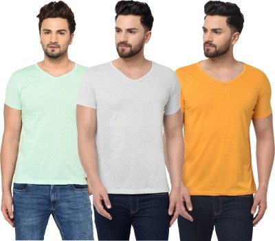 Bribzy Solid Men V Neck Grey, Yellow, Light Green T-Shirt