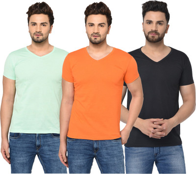 Jangoboy Solid Men V Neck Black, Orange, Light Green T-Shirt