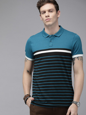 Roadster Striped Men Polo Neck Blue T-Shirt