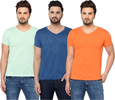 Tivy Solid Men V Neck Dark Blue, Orange, Light Green T-Shirt