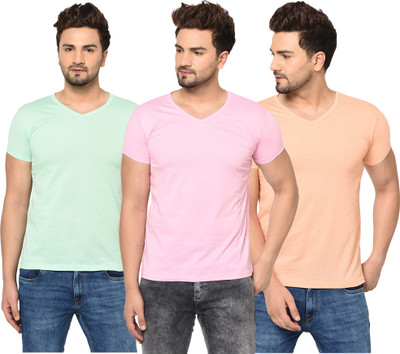 Jangoboy Solid Men V Neck Pink, Orange, Light Green T-Shirt