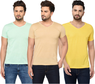 Bribzy Solid Men V Neck Beige, Yellow, Light Green T-Shirt