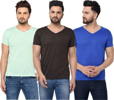 Jaskart Solid Men V Neck Green, Blue, Brown T-Shirt