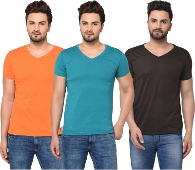 Jangoboy Solid Men V Neck Blue, Brown, Orange T-Shirt