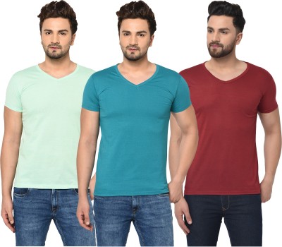 Bribzy Solid Men V Neck Light Blue, Maroon, Light Green T-Shirt