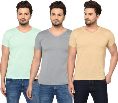 Jaskart Solid Men V Neck Beige, Grey, Light Green T-Shirt
