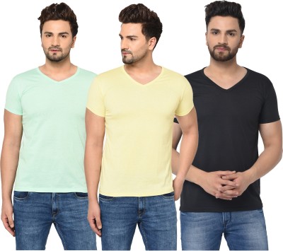 Jaskart Solid Men V Neck Black, Yellow, Light Green T-Shirt