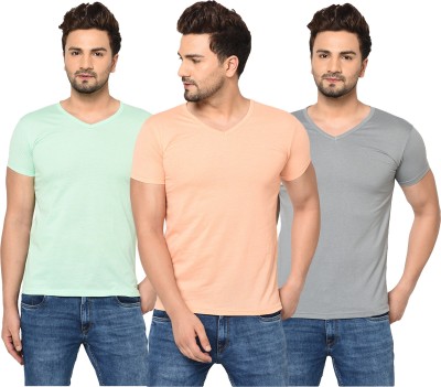 Jaskart Solid Men V Neck Orange, Grey, Light Green T-Shirt
