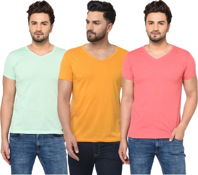 Jaskart Solid Men V Neck Pink, Light Green, Yellow T-Shirt