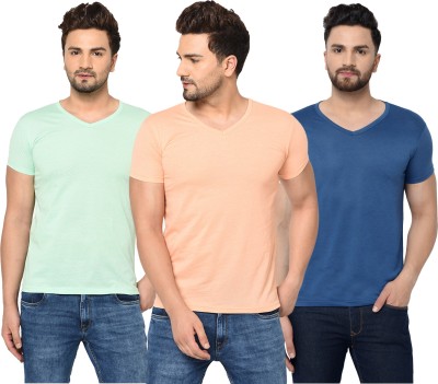 Jaskart Solid Men V Neck Dark Blue, Orange, Light Green T-Shirt