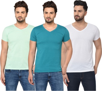 Tivy Solid Men V Neck Dark Blue, White, Blue T-Shirt