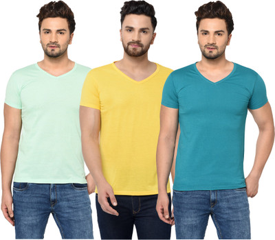 Jaskart Solid Men V Neck Light Blue, Blue, Yellow T-Shirt