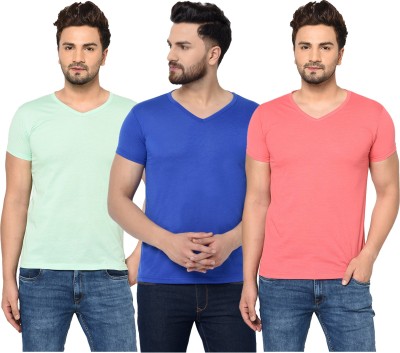 Bribzy Solid Men V Neck Blue, Pink, Light Green T-Shirt