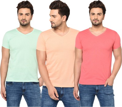 Unite Wear Solid Men V Neck Light Blue, Pink, Orange T-Shirt