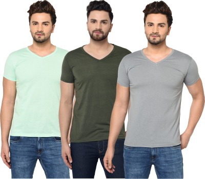 Bribzy Solid Men V Neck Dark Green, Grey, Light Green T-Shirt