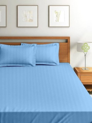 HOMIMPEX 350 TC Satin King Striped Flat Bedsheet(Pack of 1, Aqua Blue)