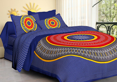 KKS Collections Cotton King, Queen, Double Flat 200 TC Jaipuri Prints Bedsheet(Pack of 1, Blue)