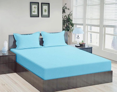 HOMIMPEX Satin King Flat 350 TC Striped Bedsheet(Pack of 1, Light Blue)