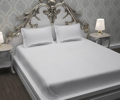 ClassicFits 210 TC Satin King Striped Flat Bedsheet(Pack of 1, White)