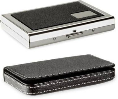 izone High Quality | Combo of 2 | Steel Black Leather Piece Metal Silver Pocket ATM And 1 Full Black Soft Case Steel ATM Card Holder 6 Card Holder (Set of 2, Silver) 30 Card Holder(Set of 2, Black, Silver)