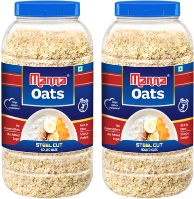 Manna Oats | Gluten Free Steel Cut Rolled Oats | High in Fibre & Protein | 100% Natural | Helps Maintain Cholesterol. Good for Diabetics (2 kg, Plastic Bottle, Pack of 2)