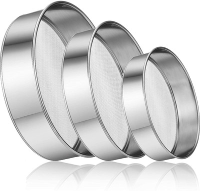 Dynore Dynore Stainless Steel Round Flour Seive Strainer- Set Of 3 Sieve(Silver Pack of 3)