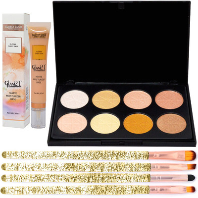 adbeni Combo - 8 Color Highlighter Pallette & Primer with Makeup Brush Set, Pack of 8, (GC1153)(8 Items in the set)