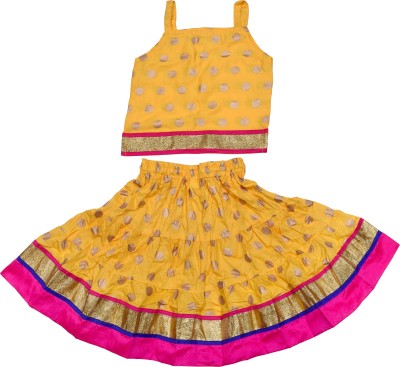 DIAMO Girls Lehenga Choli Ethnic Wear Polka Print Lehenga Choli(Yellow, Pack of 1)