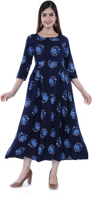 Glowworld Women Printed Flared Kurta(Blue)