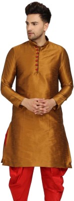 Over Crowd Men Solid Straight Kurta(Brown)