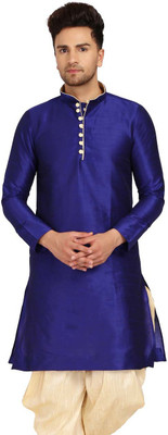 Over Crowd Men Solid Straight Kurta(Blue)