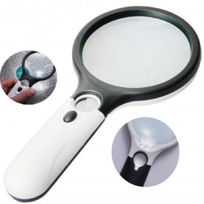 Metka 3 LED Light 3X & 45x Handheld Magnifier, Reading Magnifying Glass Lens Jewelry Loupe, Book and Newspaper Reading, Insect and Hobby Observation, Classroom Science Magnifier Glass with Light The glass lens can reach 3X to 45X magnification. The large lens diameter 2.9 inch. The small lens diamet