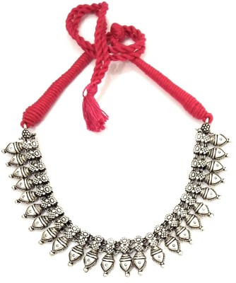 JDDCART Red Thread Necklace for Women traditional made in Antique Silver Oxidised Beads Choker Brass Necklace