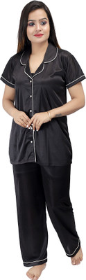 FXPORT Women Solid Black Shirt & Pyjama set
