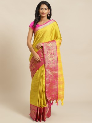 Grubstaker Woven Kanjivaram Cotton Silk Saree(Yellow)