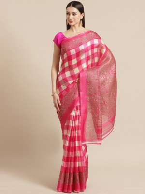 SVB Sarees Checkered Assam Silk Pure Silk Saree(Pink)