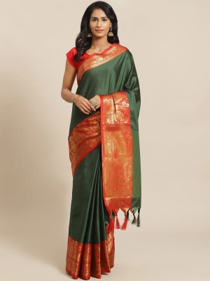 SVB Sarees Woven Kanjivaram Art Silk, Cotton Silk Saree(Green, Orange)