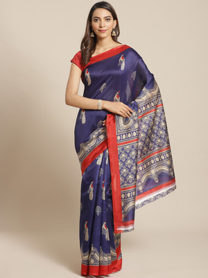 Grubstaker Printed Mysore Art Silk Saree(Blue)
