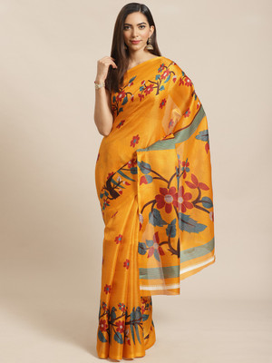 Grubstaker Printed Assam Silk Pure Silk Saree(Yellow)