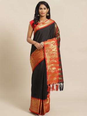 Grubstaker Woven Kanjivaram Cotton Silk Saree(Black)