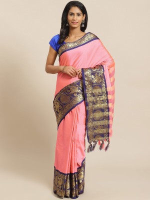 Grubstaker Woven Kanjivaram Cotton Silk Saree(Pink)