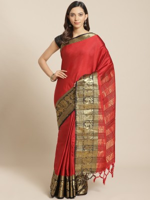 Grubstaker Woven Kanjivaram Cotton Silk Saree(Red)