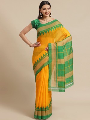 Grubstaker Printed Assam Silk Pure Silk Saree(Yellow)