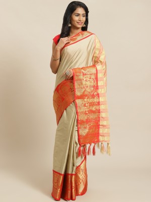 SVB Sarees Woven Bollywood Art Silk, Cotton Silk Saree(Red, Cream)