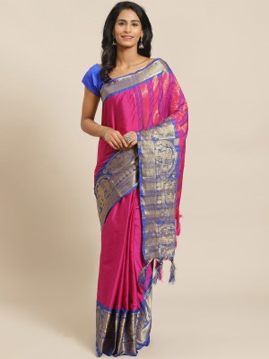 Grubstaker Woven Kanjivaram Cotton Silk Saree(Purple)