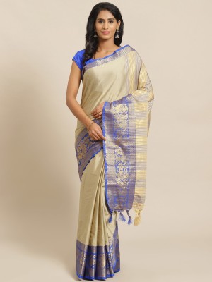 SVB Sarees Woven Kanjivaram Art Silk, Cotton Silk Saree(Blue, Cream)