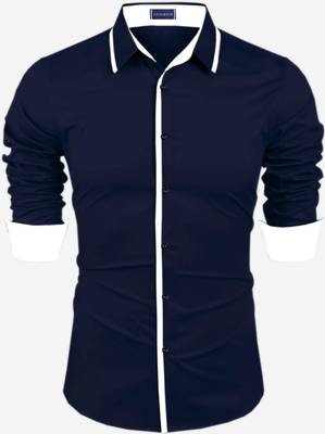 ZOMBOM Men Solid Casual Dark Blue Shirt