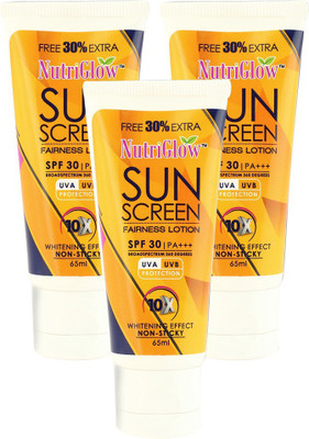 NutriGlow Sun Screen Lotion 65ml (Pack Of 3) – SPF SPF-30 PA+++ (65 Ml) For Rs. 201 @ 55 % NutriGlow Sun Screen Lotion 65ml (Pack Of 3) – SPF SPF-30 PA+++ (65 Ml) For Rs. 201 @ 55 %