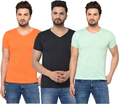 Tivy Solid Men V Neck Black, Orange, Light Green T-Shirt