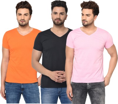 Jaskart Solid Men V Neck Pink, Black, Orange T-Shirt